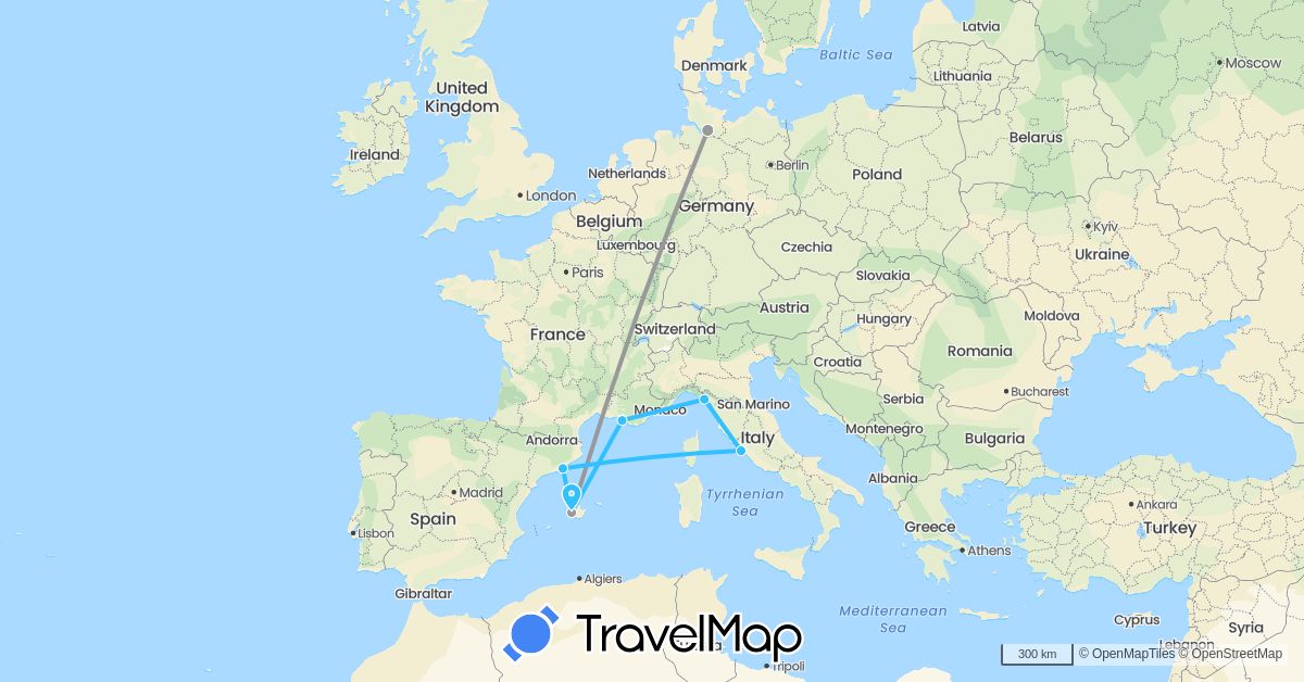 TravelMap itinerary: driving, plane, boat in Germany, Spain, France, Italy (Europe)